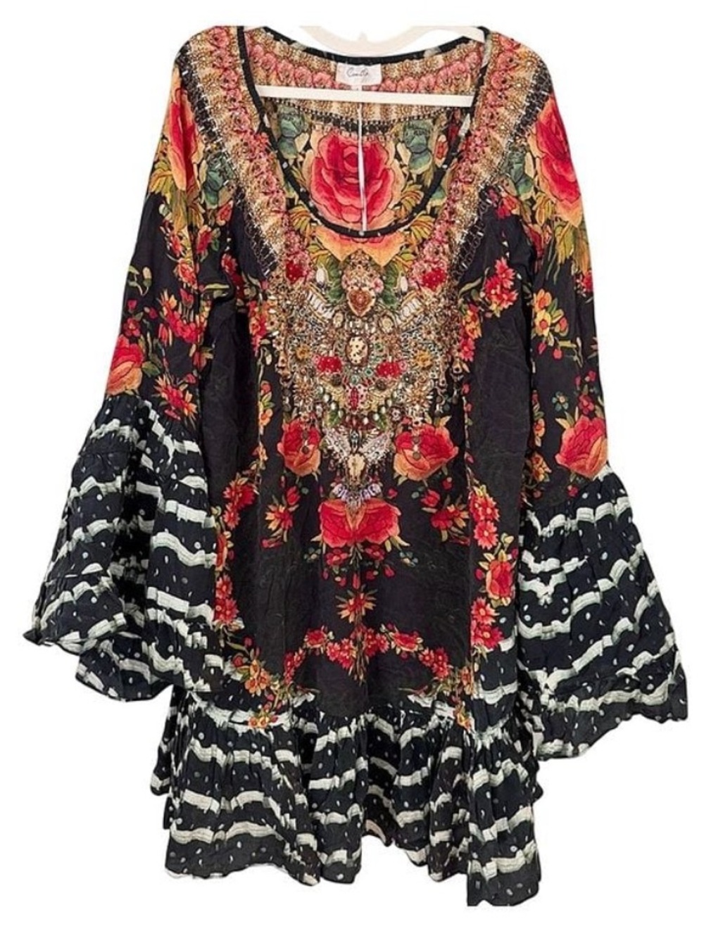 Camilla Black Dress with Red Floral & Gold Embellished Neckline